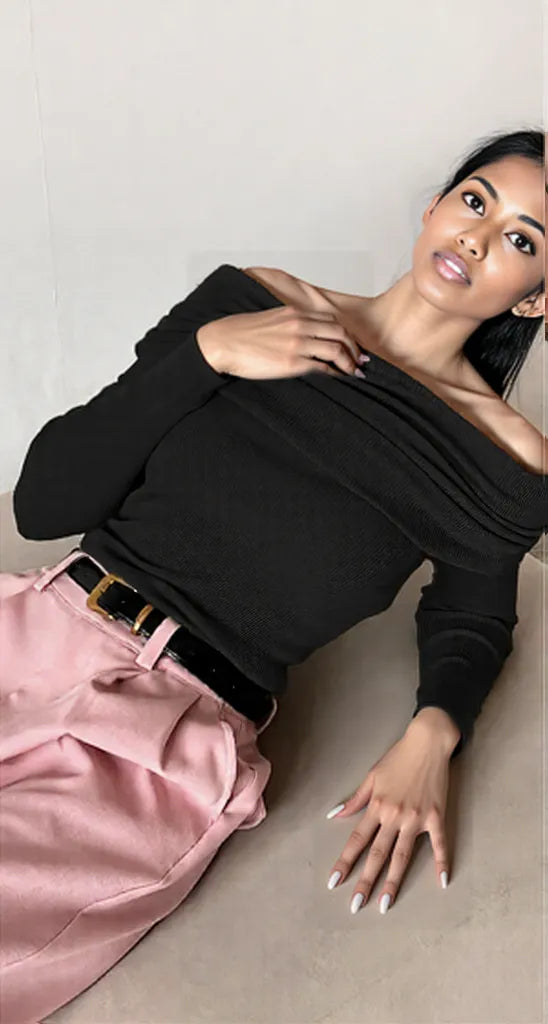 Off-Shoulder Long Sleeve Knit Top Black