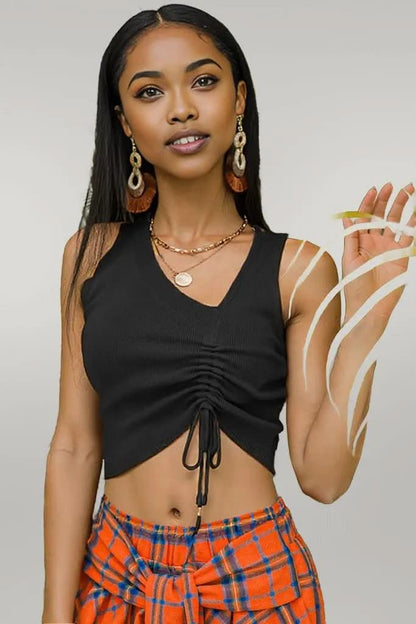 Drawstring Ruched Asymmetrical Neck Cropped Knit Top Black One Size