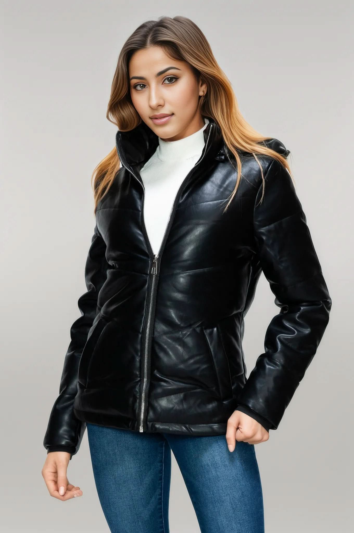 How Dare U Pocketed Zip Up Puffer Jacket with Removable Hood