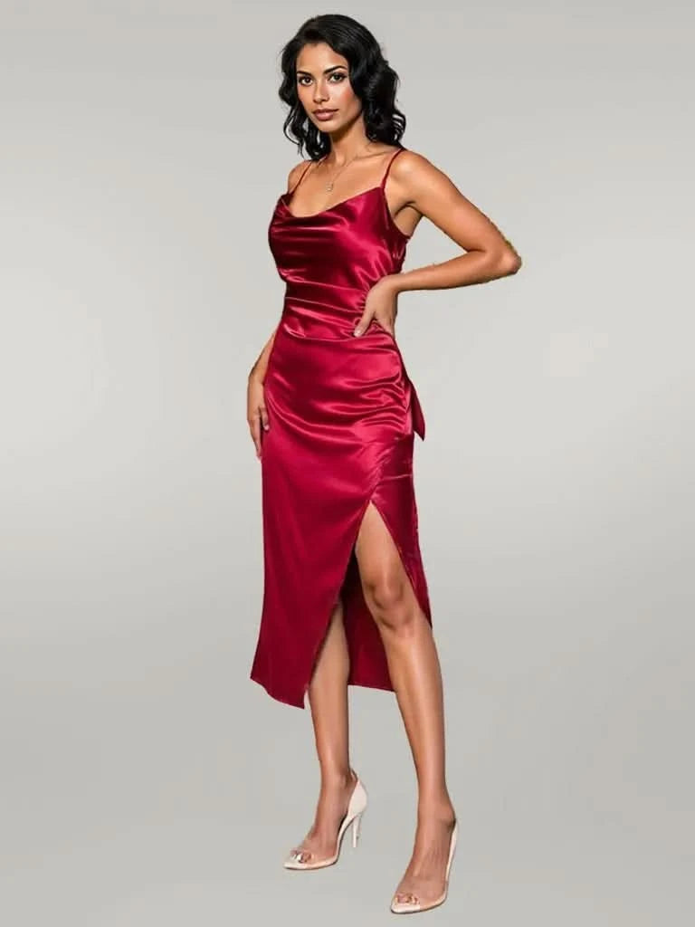 Split Ruched Satin Zip Back Midi Cami Dress