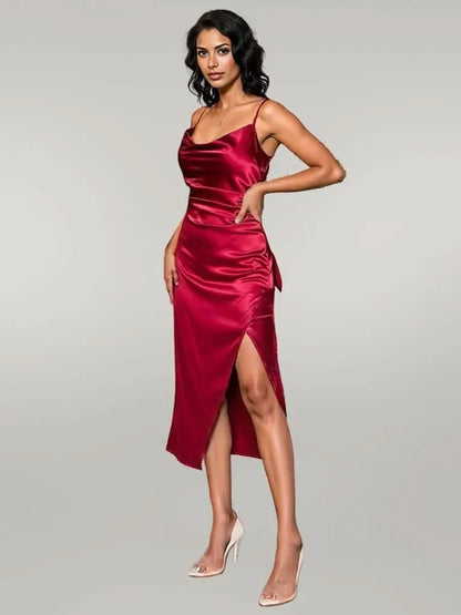 Split Ruched Satin Zip Back Midi Cami Dress