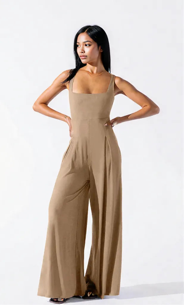 Square Neck Wide Strap Jumpsuit Camel