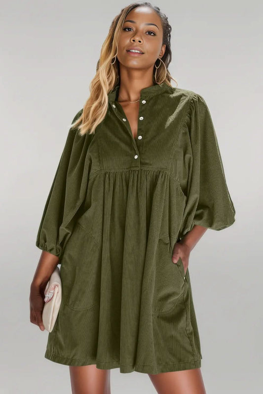 Vineyard Green Corduroy Snap Buttons Empire Waist Bracelet Sleeve Dress Vineyard Green 100%Polyester