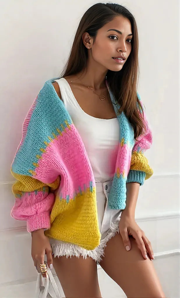 Color Block Drop Shoulder Cardigan Fuchsia Pink