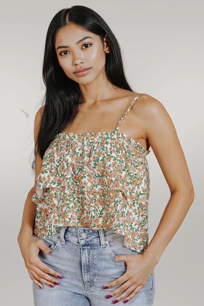 White Boho Floral Spaghetti Strap Ruffle Summer Tank Top White 100%Polyester
