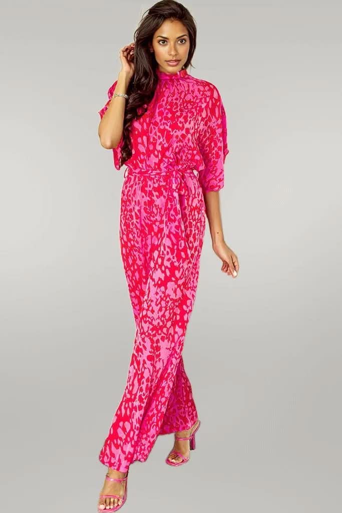 Rose Leopard Loose Sleeve Belted Wide Leg Jumpsuit