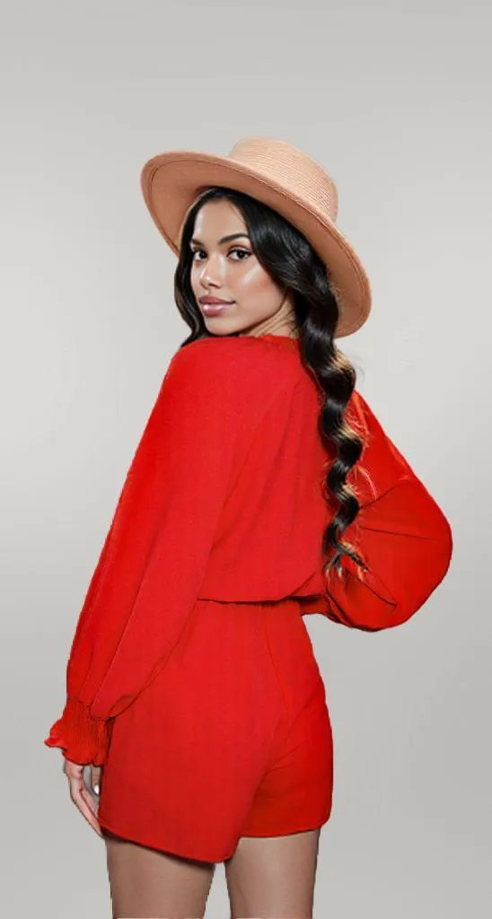 Tied Flounce Sleeve Plunge Romper