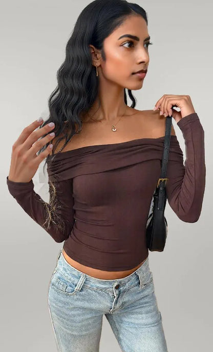 Off-Shoulder Long Sleeve Fitted T-Shirt