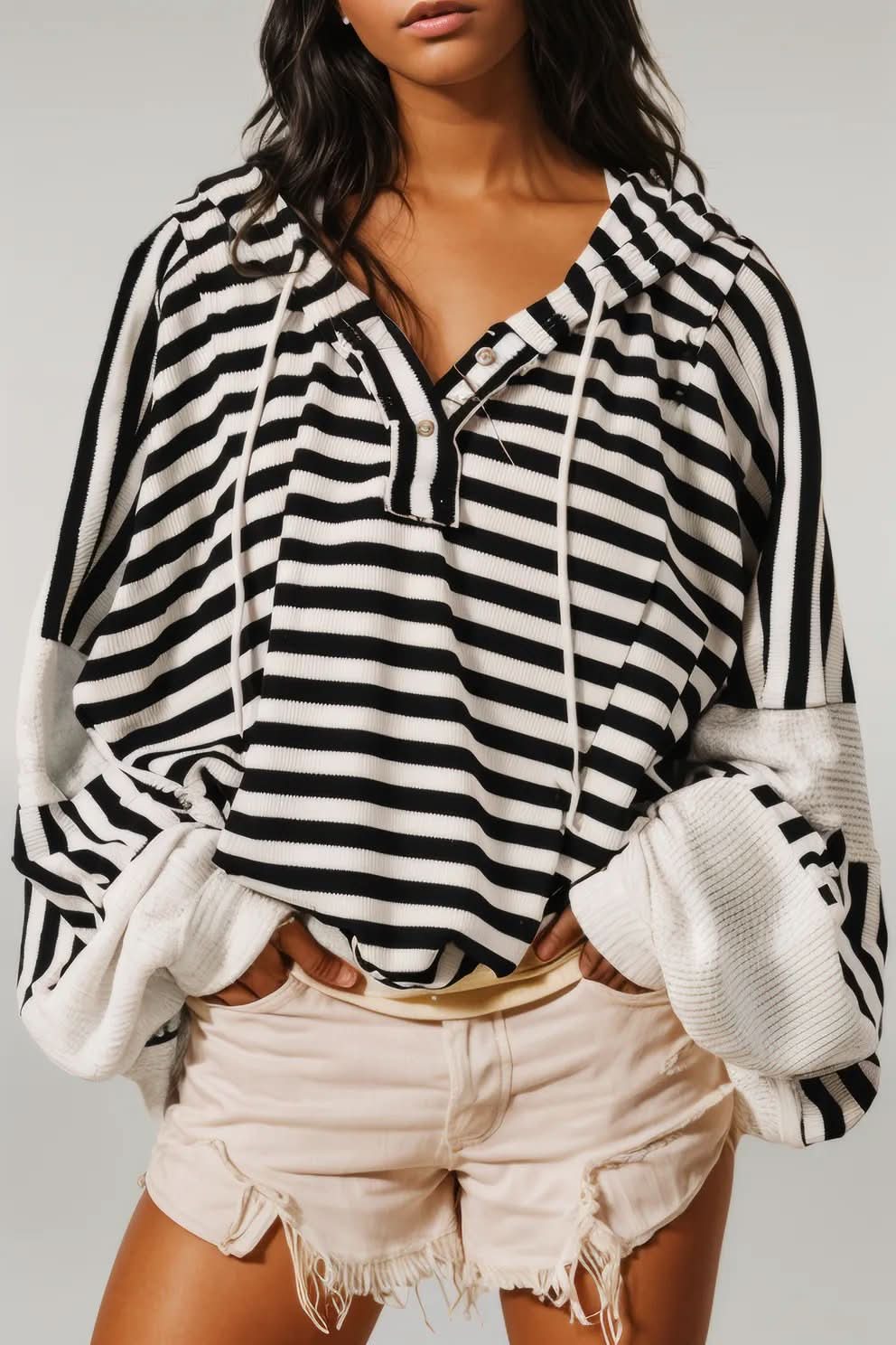 Black white Oversized Striped Henley Buttons Dolman Sleeve Hooded Top Black white 95%Polyester+5%Elastane