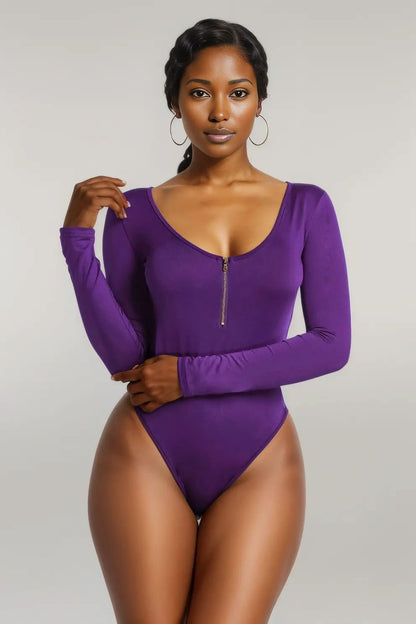 Half Zip Scoop Neck Long Sleeve Bodysuit Violet
