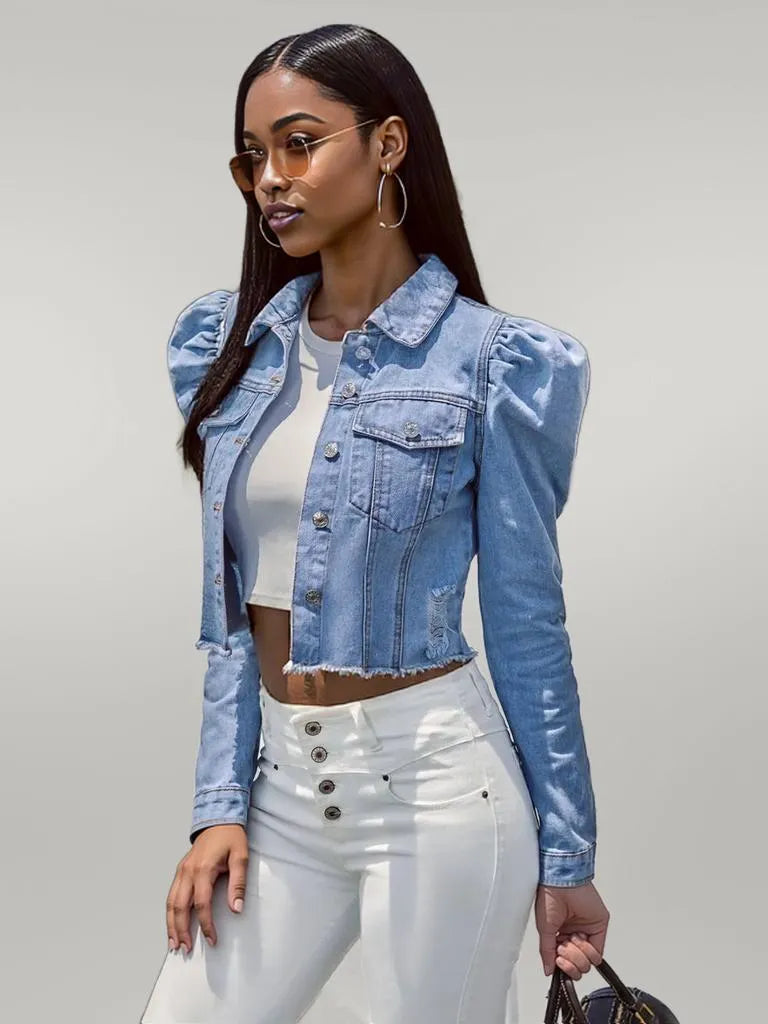 Button Down Raw Hem Cropped Denim Jacket Light