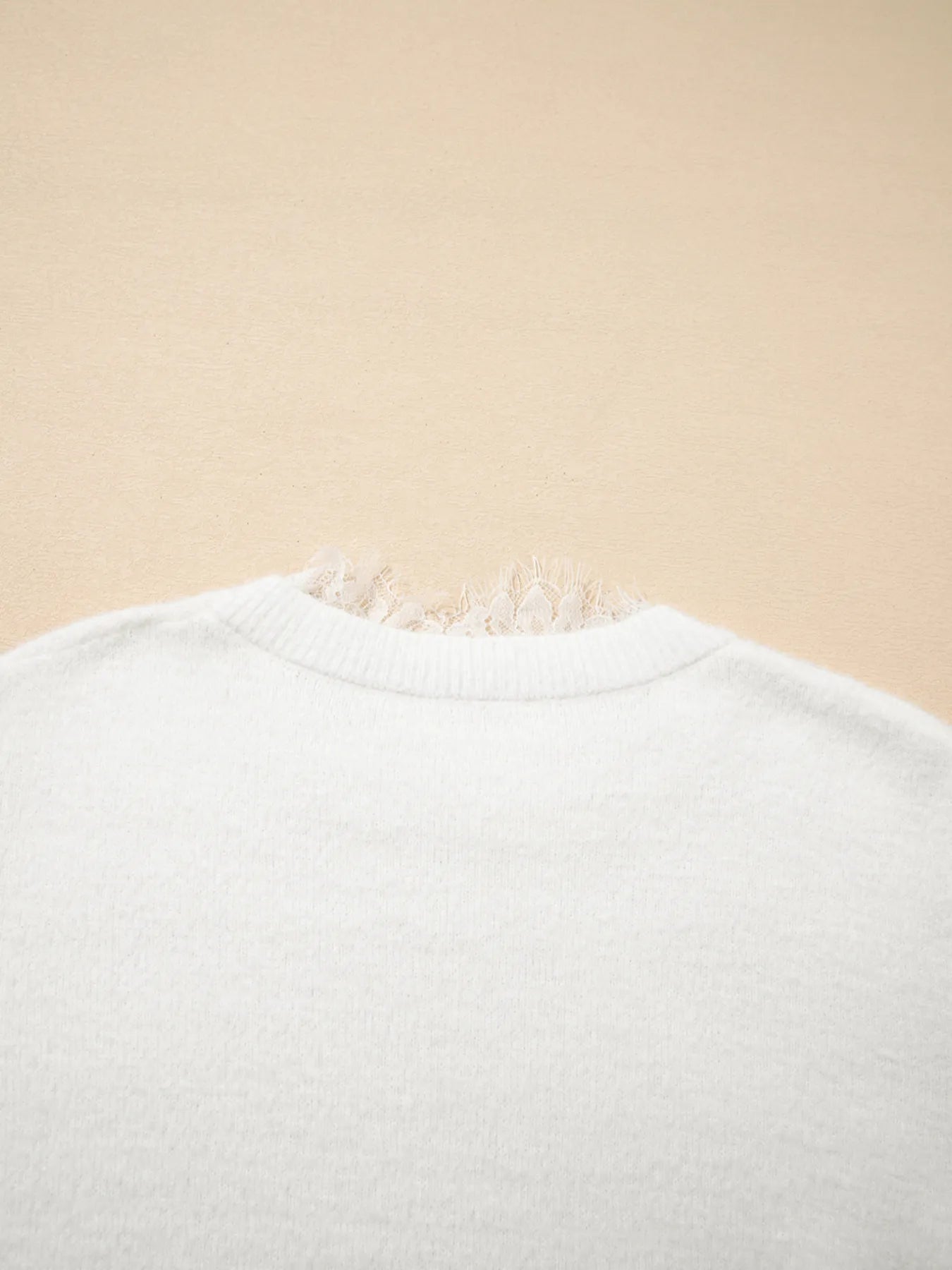 Lace Sleeve Patchwork Faux Two-piece Fuzzy Sweater White