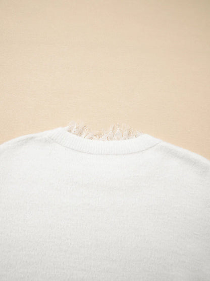 Lace Sleeve Patchwork Faux Two-piece Fuzzy Sweater White