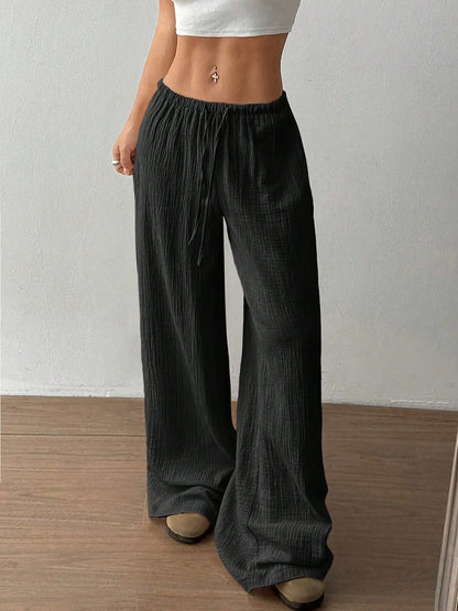 Drawstring Wide-Leg Casual Pants Black