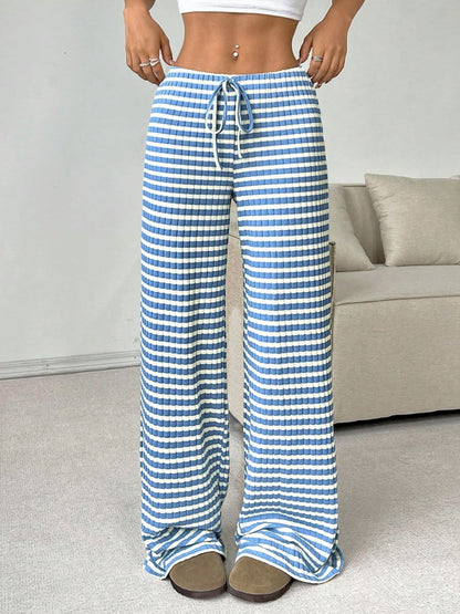 Tied Striped Wide Leg Pants Light Blue