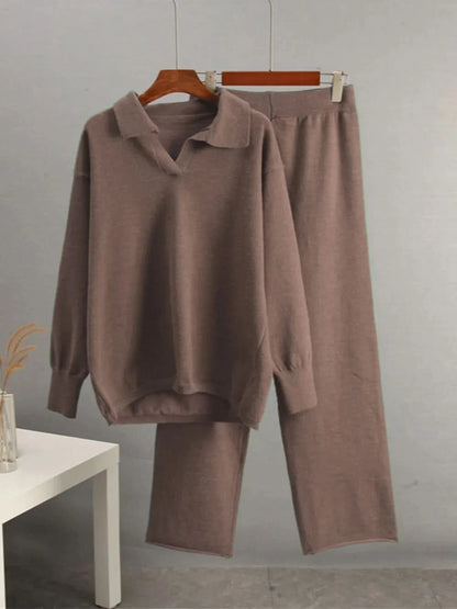 Johnny Collar Long Sleeve Top and Pants Sweater Set Taupe One Size
