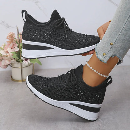 Breathable Mesh Rhinestone Wedge Athletic Sneakers Black