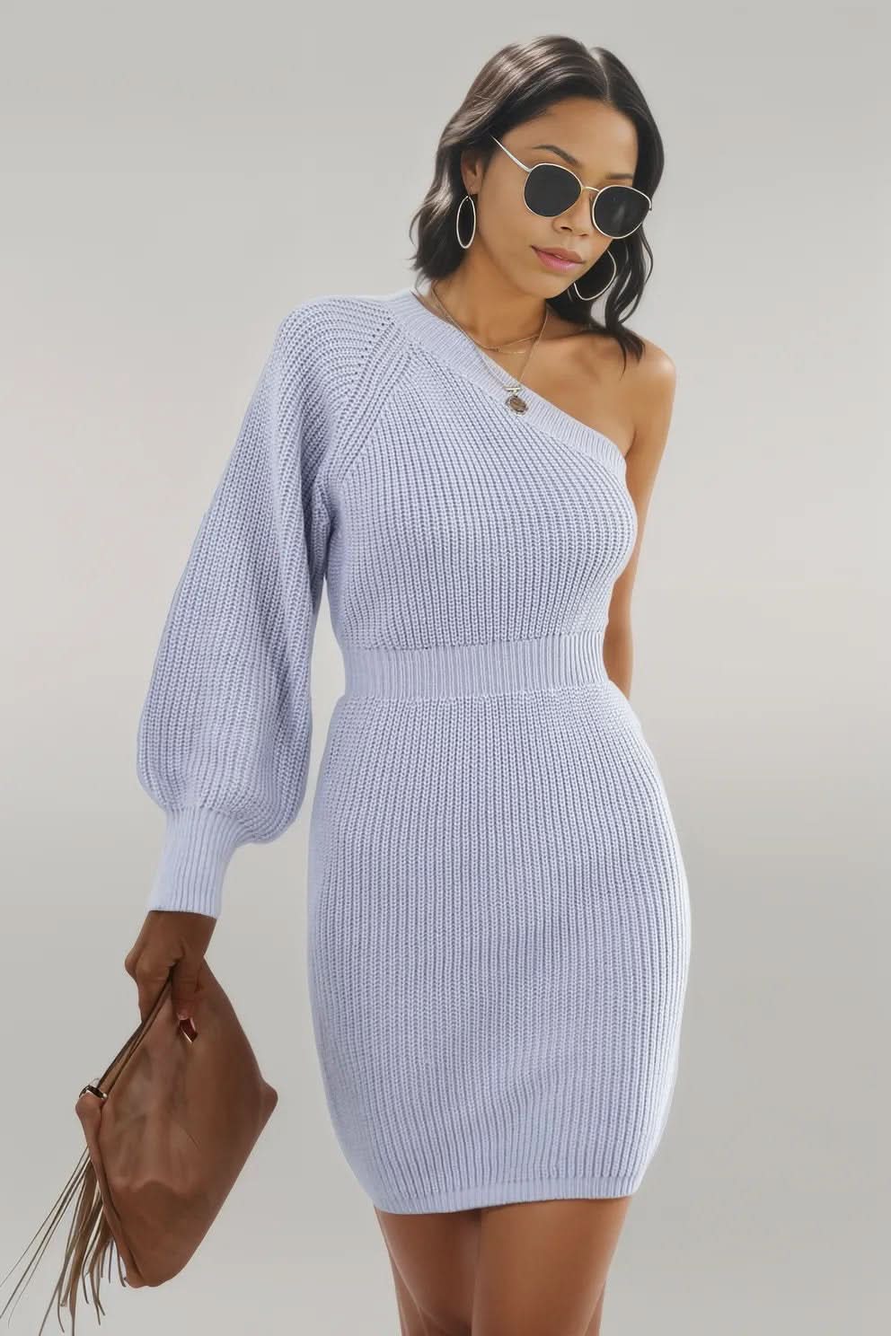One Shoulder Raglan Sleeve Pencil Sweater Dress