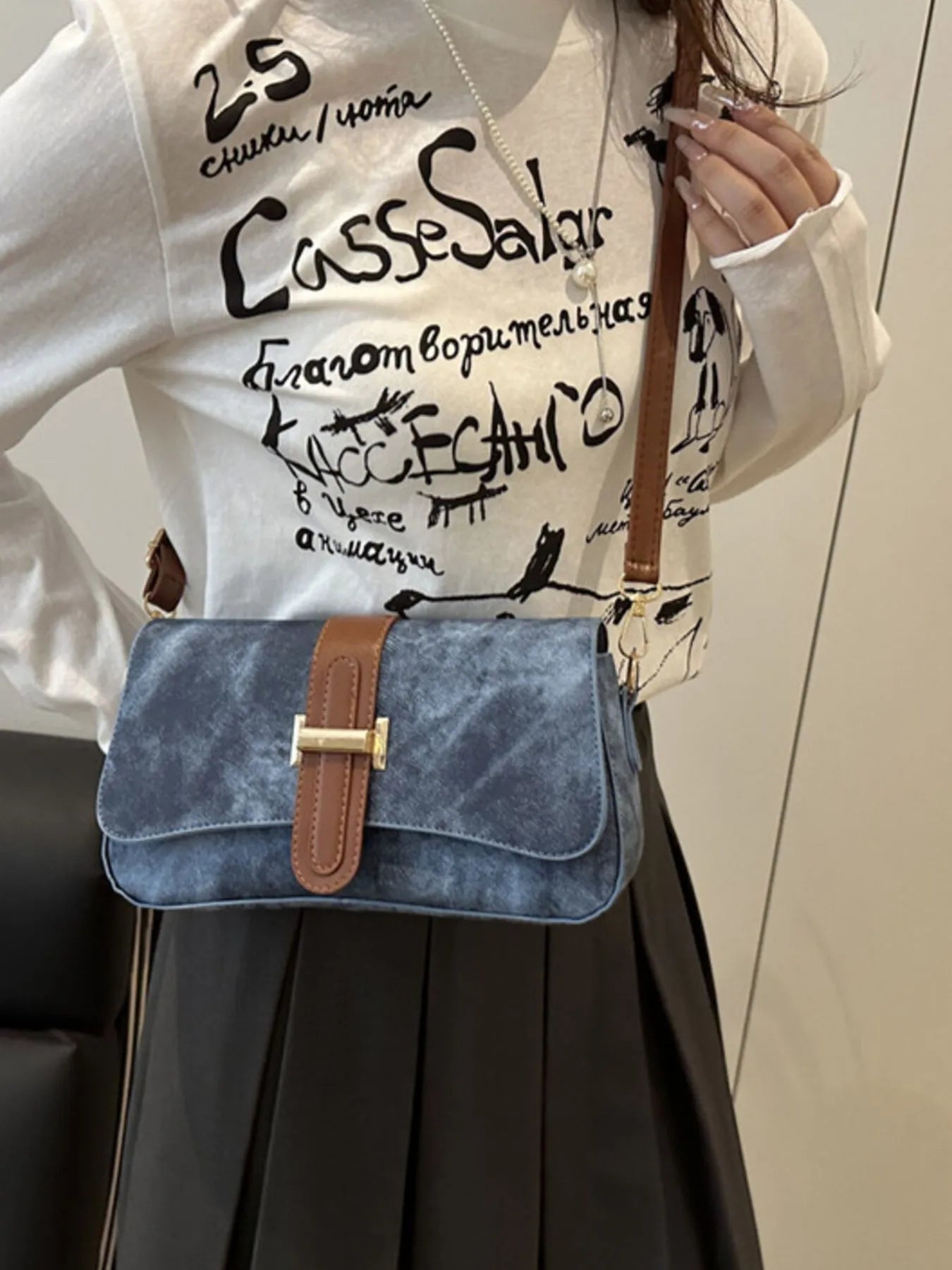 Leather Buckle Strap Crossbody Bag Dark Blue One Size