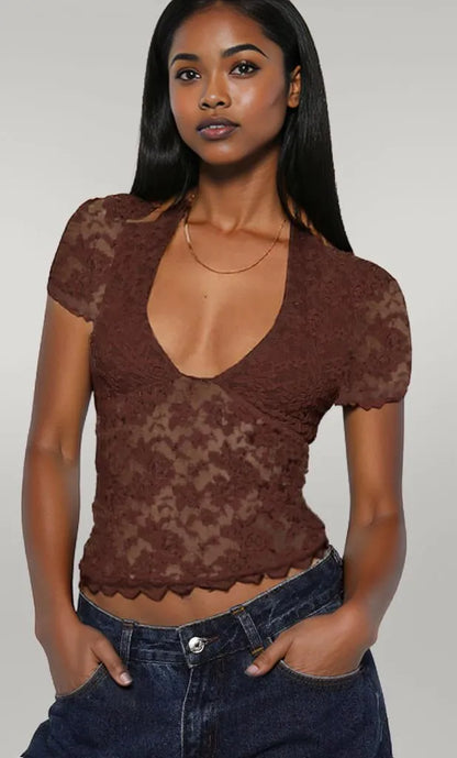 Lace Short Sleeve T-Shirt Brown