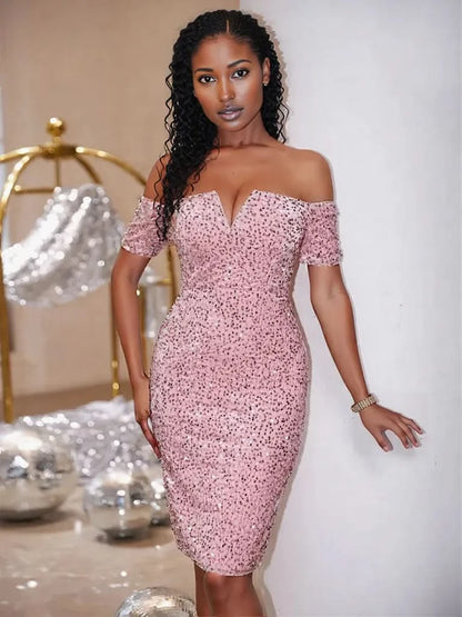 Slit Sequin Off-Shoulder Mini Dress