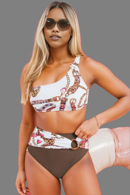 Khaki Abstract Print One Shoulder Ring Linked High Waist Bikini