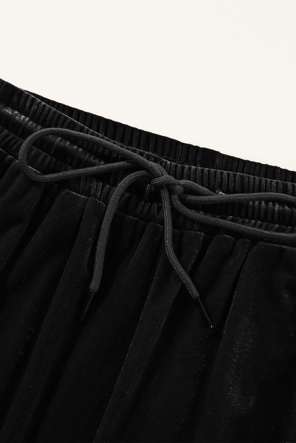 Black Solid Drawstring Waist Wide Leg Pants Black 95%Polyester+5%Elastane