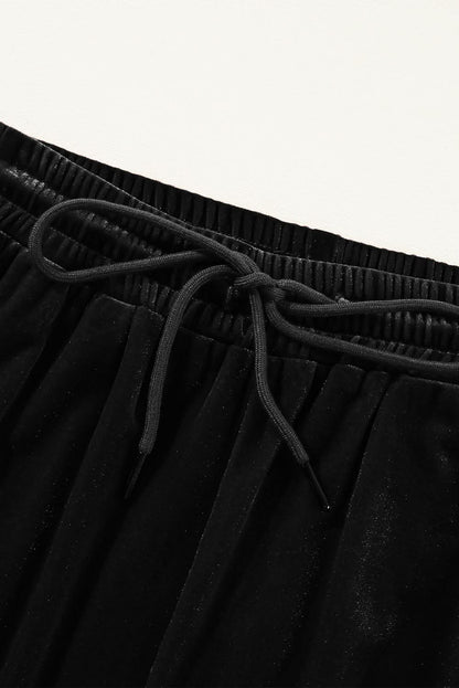 Black Solid Drawstring Waist Wide Leg Pants Black 95%Polyester+5%Elastane