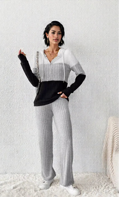 Color Block Half Zip Hooded Top and Pants Set Light Gray