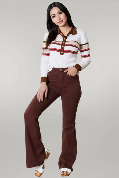 Basic Bae Striped Collared Neck Rib-Knit Top Beige