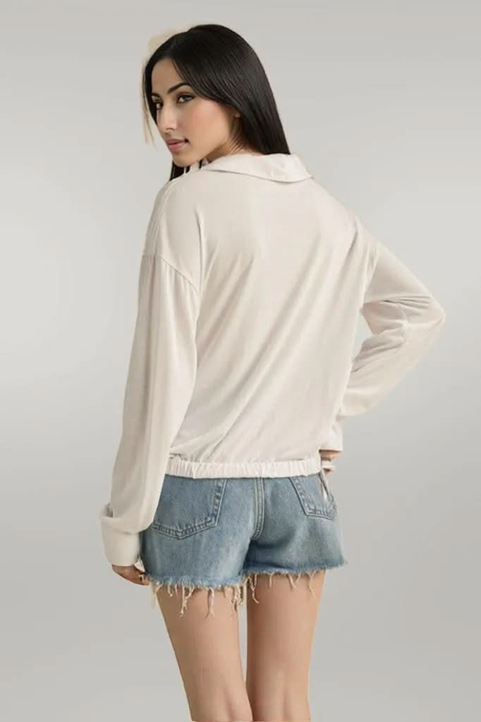 Aemi + Co Twisted Hemline Button Detail Collared Neck Top White