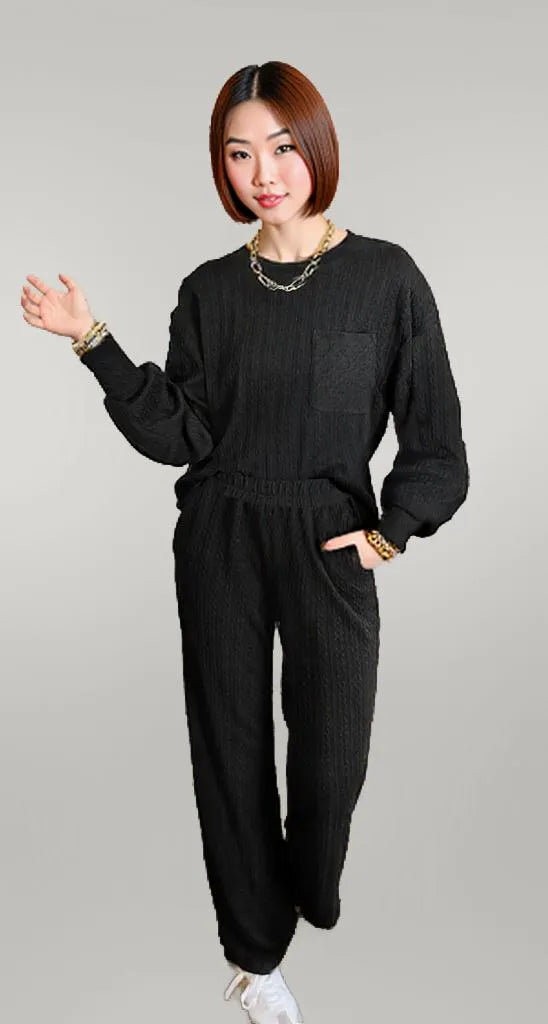 Round Neck Top and Pants Set Black