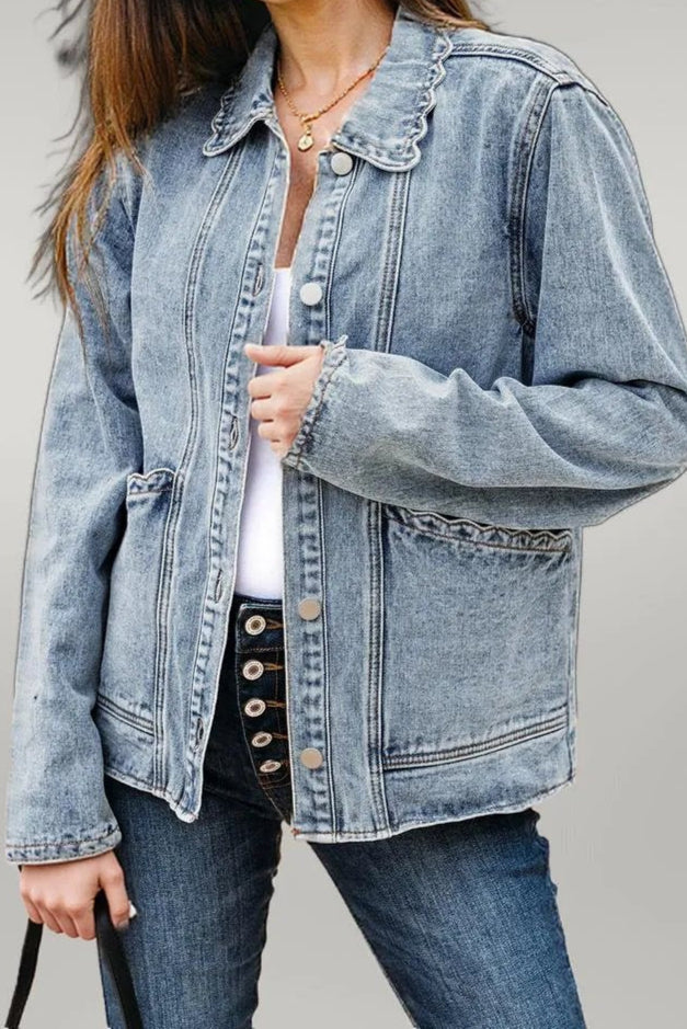 Sail Blue Scallop Trim Collar Patched Pocket Button Up Denim Jacket Myosotis 75%Cotton+25%Polyester