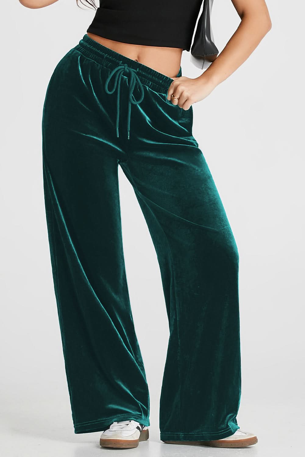 Black Solid Drawstring Waist Wide Leg Pants Evergreen 95%Polyester+5%Elastane