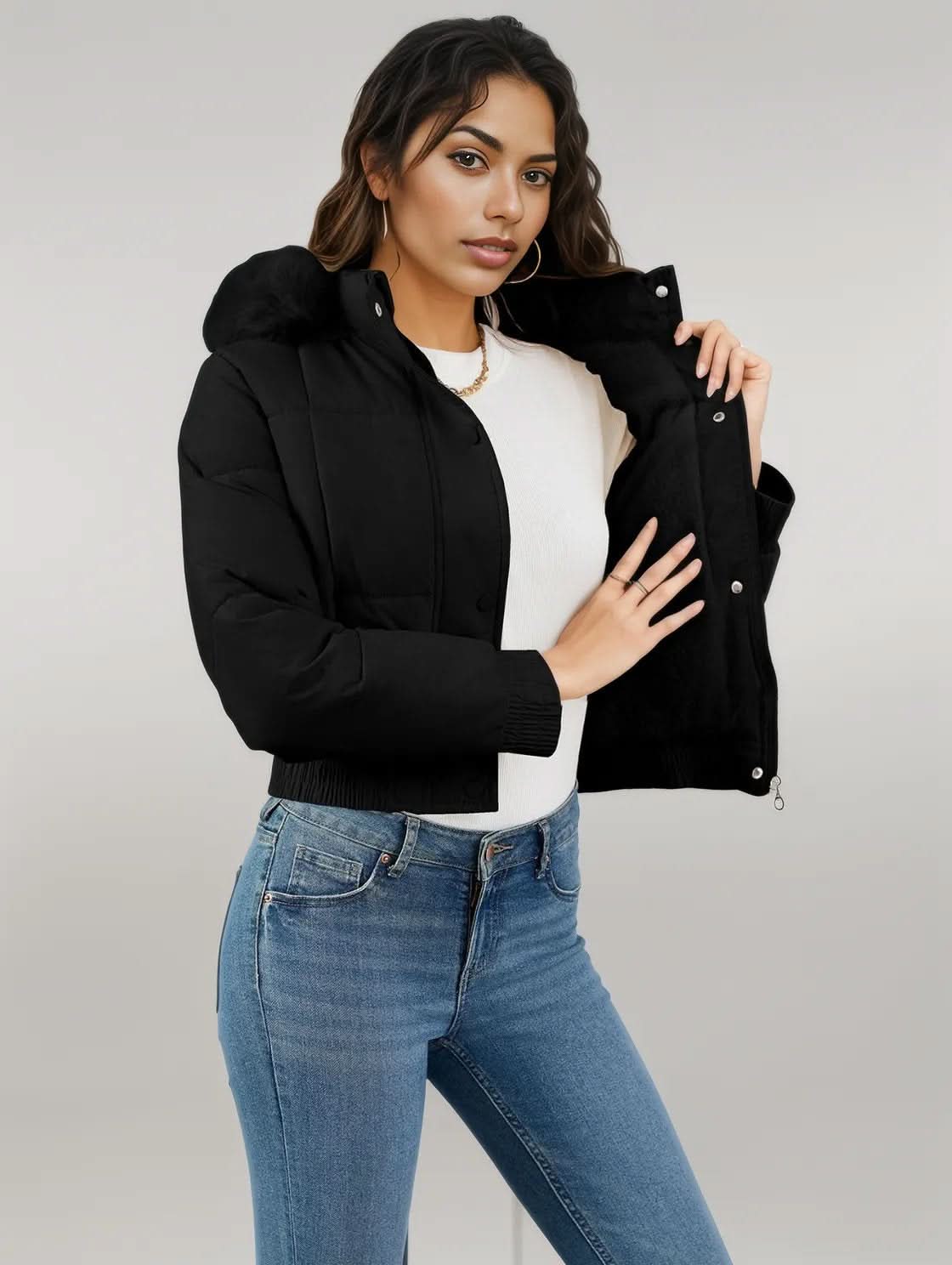 Pocketed Long Sleeve Cropped Hooded Winter Coat