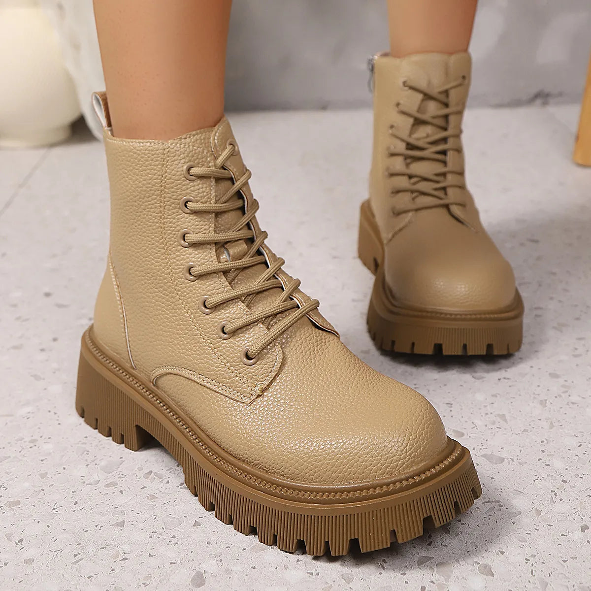 Lace Up Platform Boots Apricot