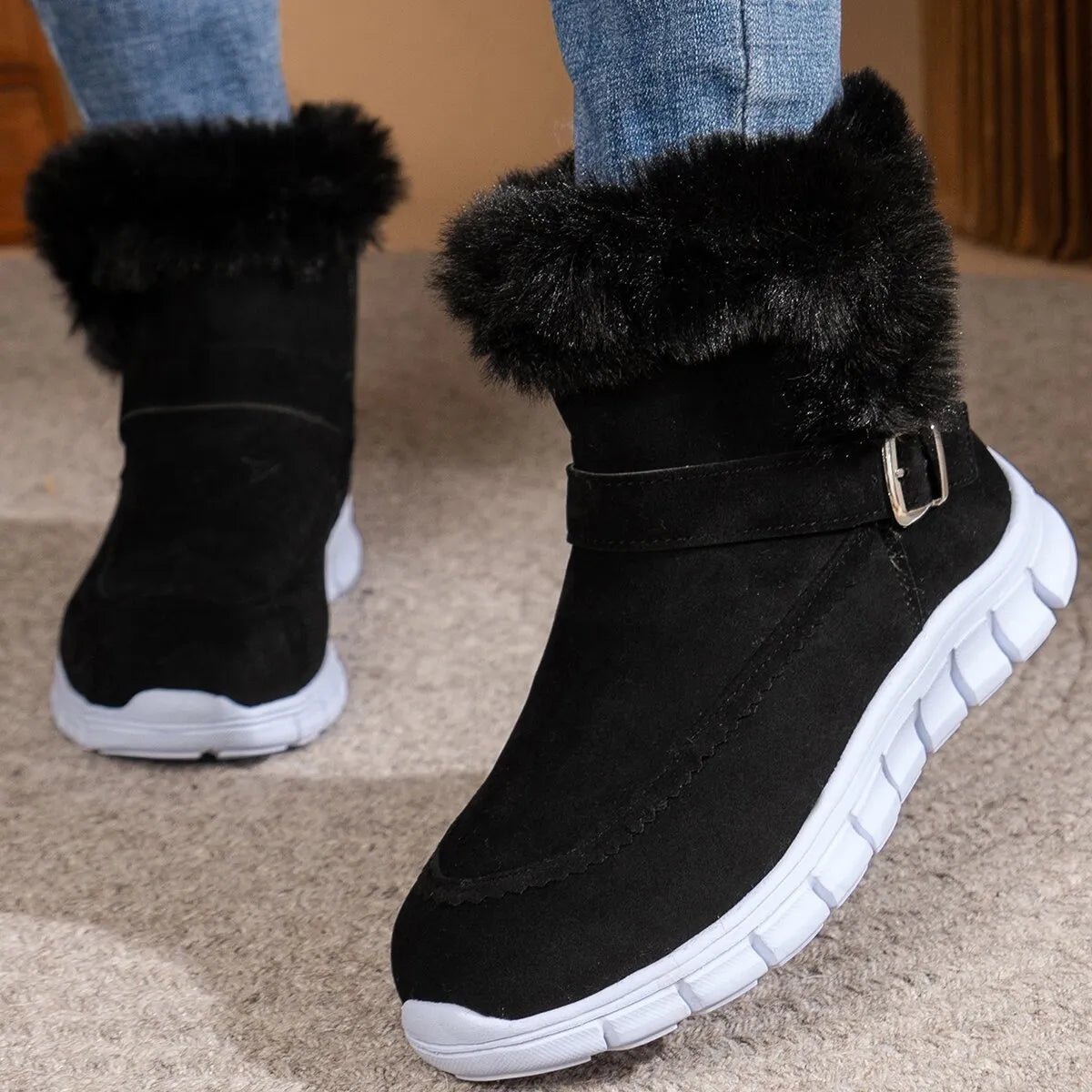 Round Toe Platform Buckle Boots Black