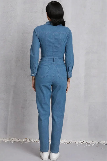 Snap Down Denim Jumpsuit with Pockets