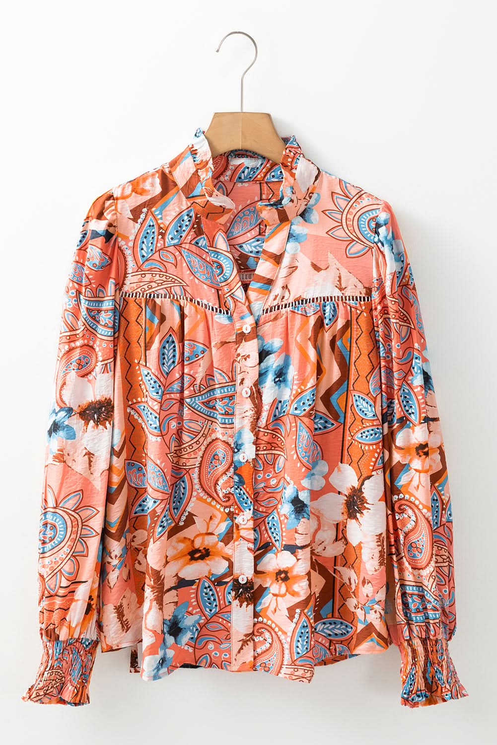 Orange Floral Print Shirred Cuff Buttoned Loose Shirt Orange 81%Viscose+19%Polyamide