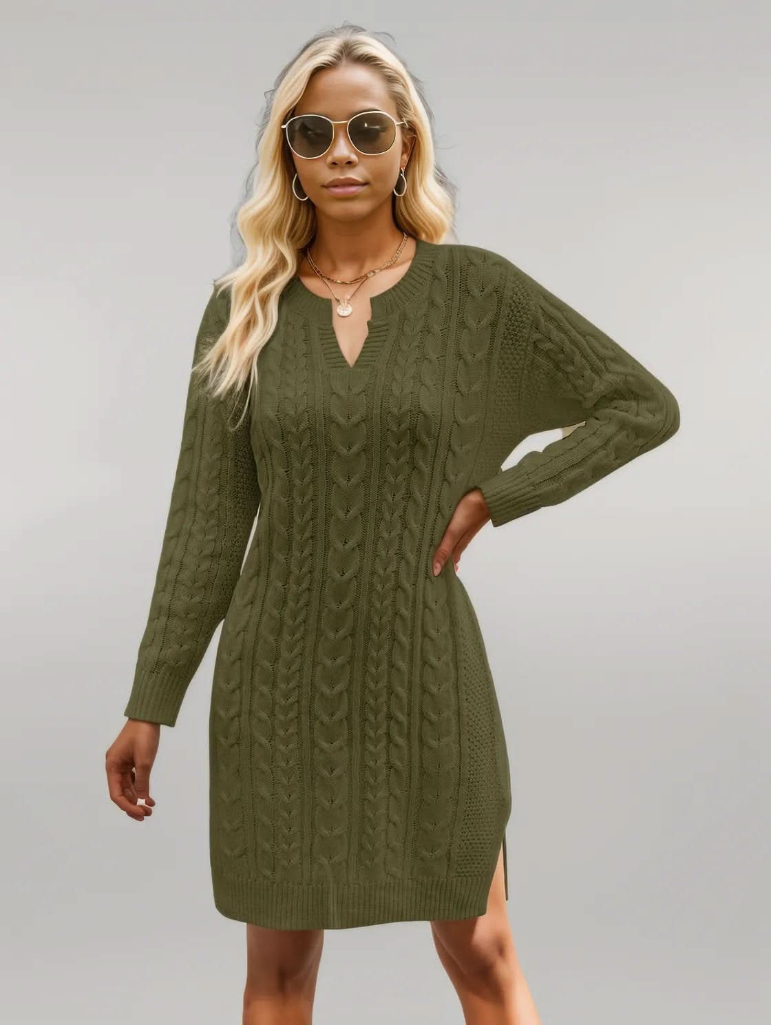Notched Neck Cable-Knit Slit Sweater Dress Matcha Green