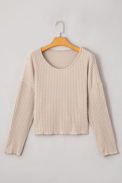 Beige Lettuce Cuffs Drop Shoulder Loose Ribbed Knit Top Beige 95%Polyester+5%Elastane