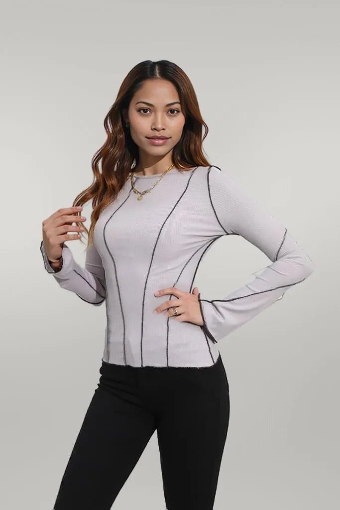 Ribbed Round Neck Long Sleeve Blouse