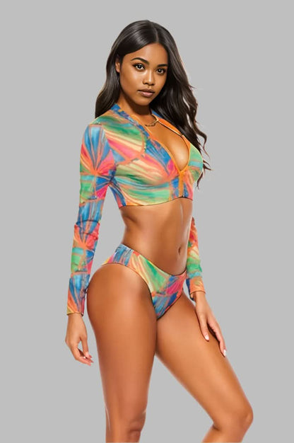 Printed Zip Up Three-Piece Swim Set