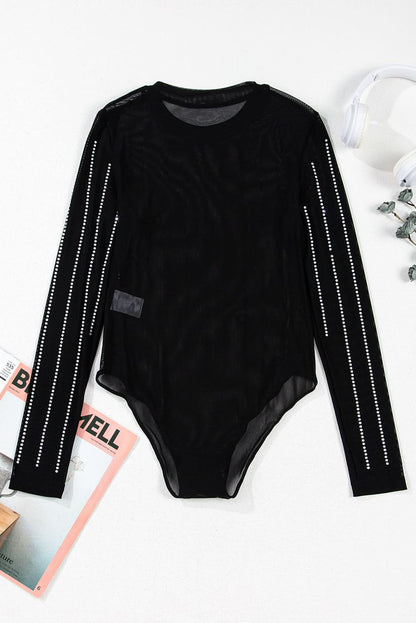 Black Rhinestone Decor Striped Mesh Long Sleeve Bodysuit