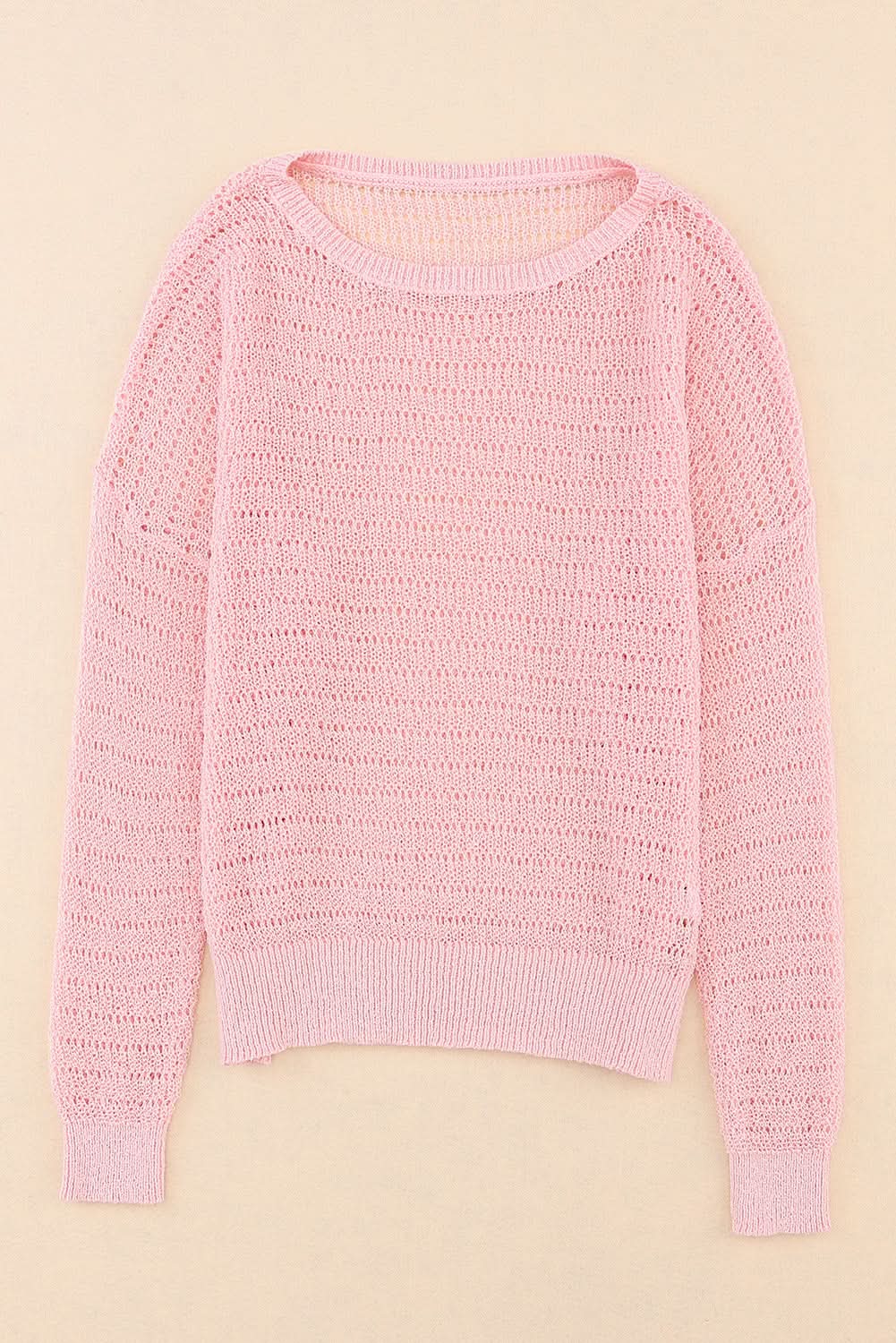 Pink Knitted Eyelets Round Neck Long Sleeve Top Pink 100%Polyester
