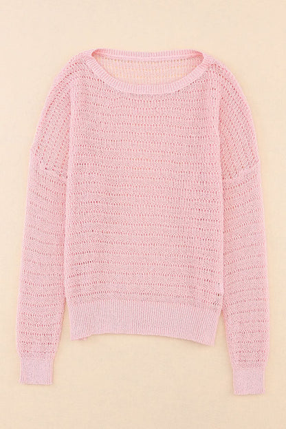 Pink Knitted Eyelets Round Neck Long Sleeve Top Pink 100%Polyester
