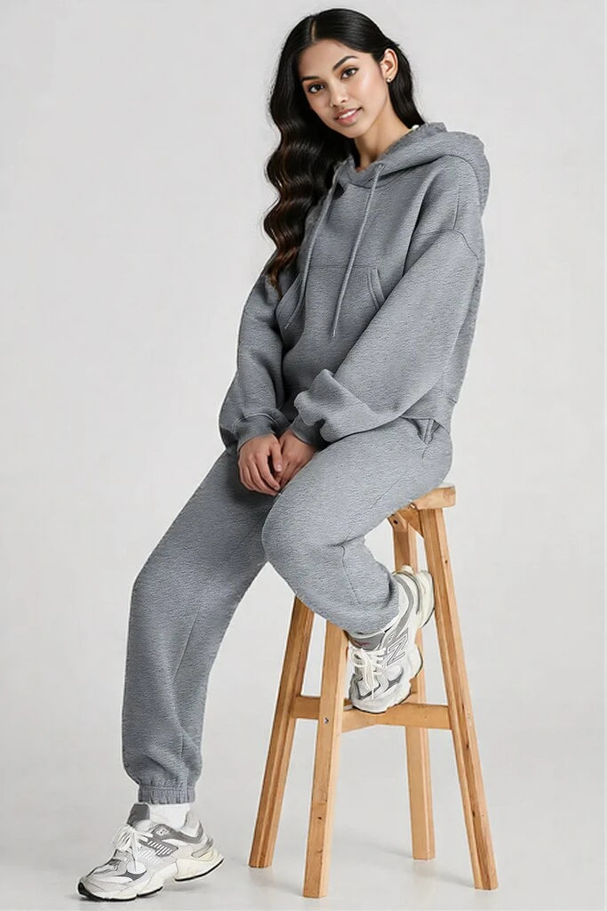 Dropped Shoulder Hooded Top and Pants Active Set Gray