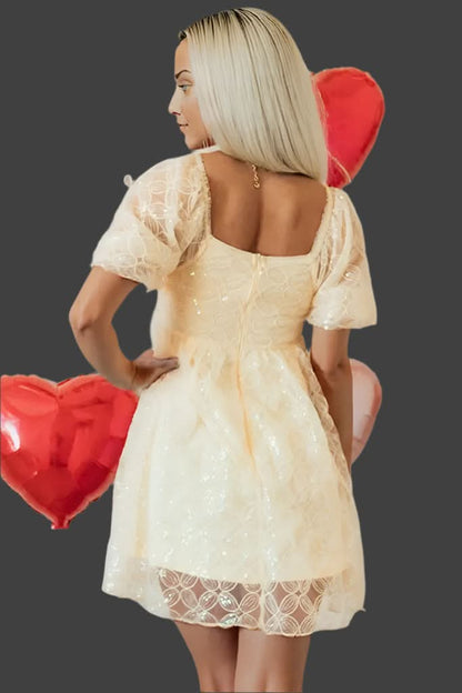 Apricot Sequined Lace Mesh Bubble Sleeve Square Neck Dress