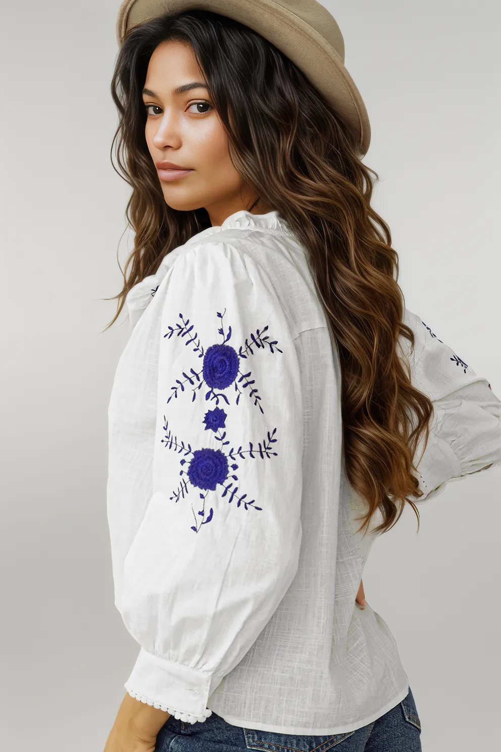 White Floral Embroidered Bracelet Sleeve Shirt White 100%Cotton