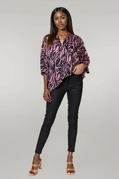 Double Take Full Size Printed Notched Three-Quarter Sleeve Blouse
